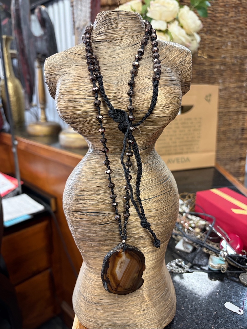 Handmade Black Braided Necklace with Brown Agate Pendant